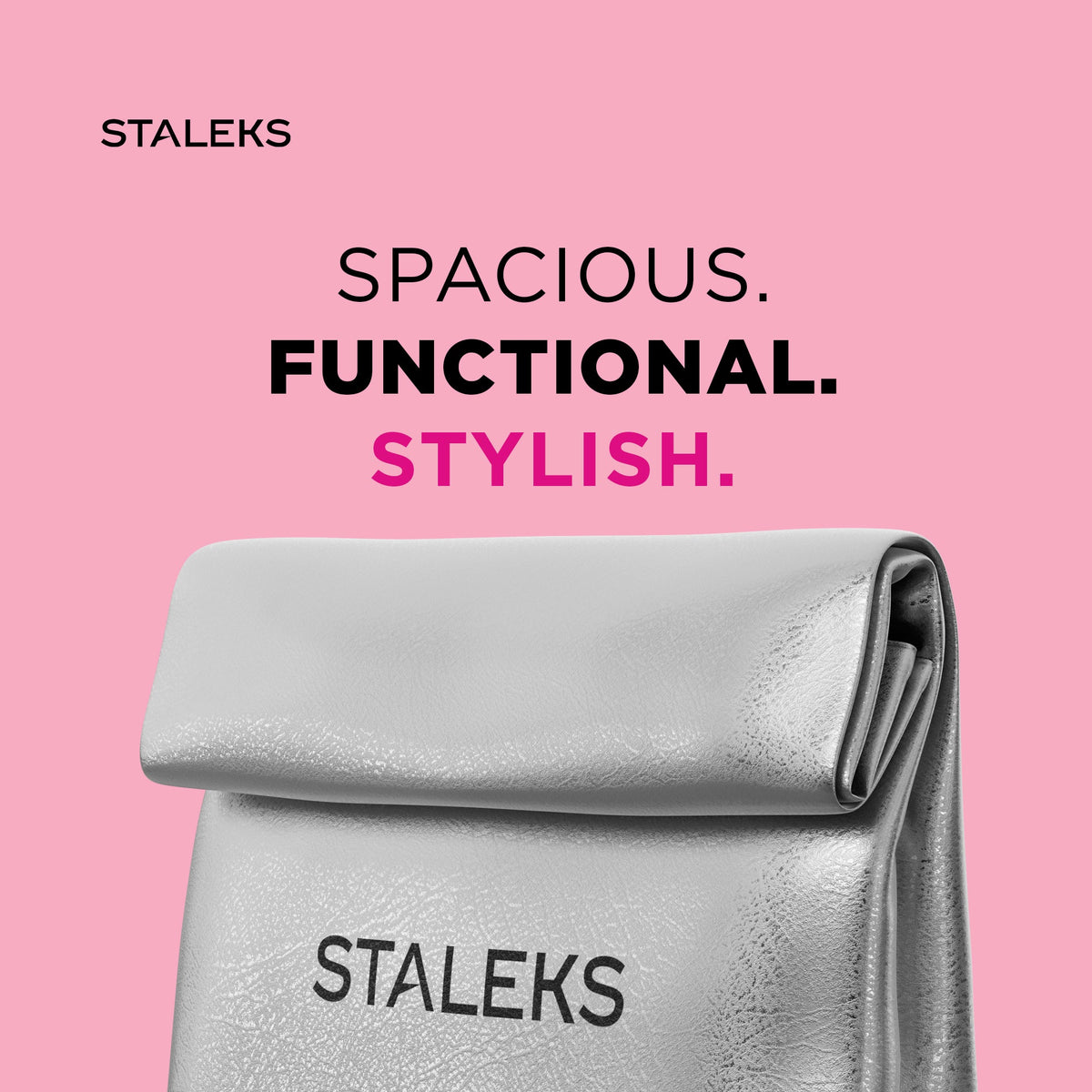 STALEKS BS-01 Kosmetiktasche aus silbernem Öko-Leder, umklappbare Klappe