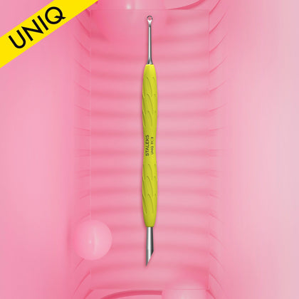 Maniküre-Pusher Gummy mit gelbem Silikongriff UNIQ 11 TYPE 2 (abgeschrägter Pusher und Schlingen-Pusher)