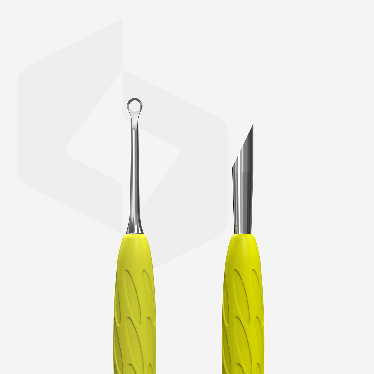 Manicure pusher Gummy with yellow silicone handle UNIQ 11 TYPE 2 (beveled and loop pusher) – Ansicht 2
