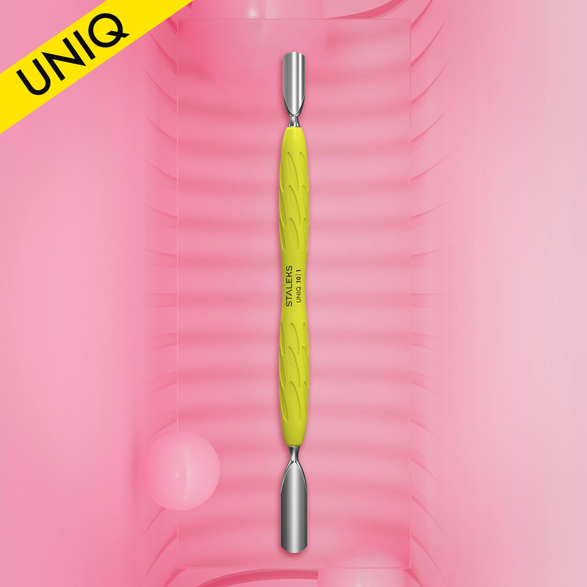 Пушер STALEKS UNIQ 10 TYPE 1 GUMMY, жёлтая силиконовая ручка — широкий закруглённый и узкий закруглённый пушер