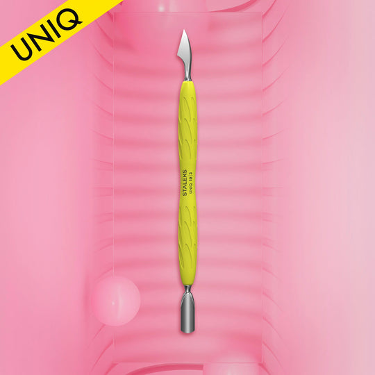 Manicure pusher Gummy with yellow silicone handle UNIQ 10 TYPE 3 (rounded narrow pusher and cleaner)