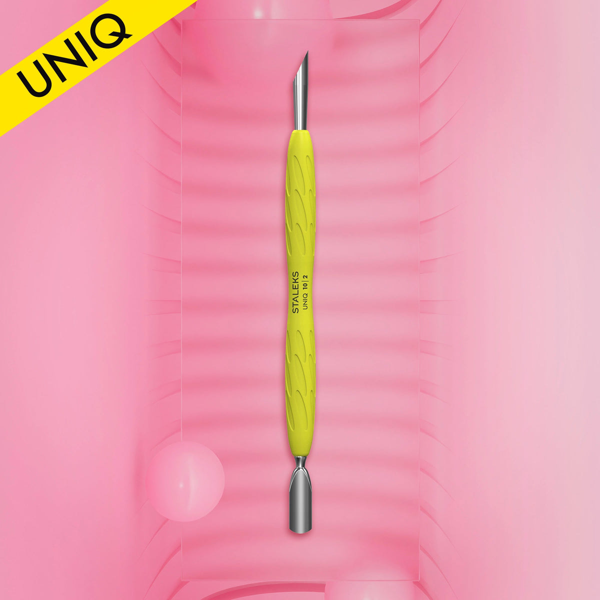 Пушер STALEKS UNIQ 10 TYPE 2 GUMMY, жёлтая силиконовая ручка — узкий закруглённый и скошенный пушер