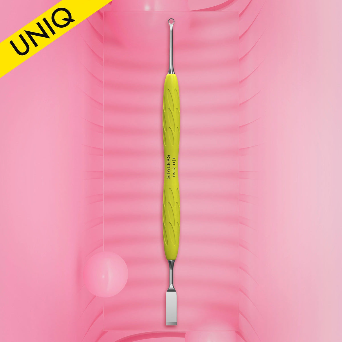 Manicure pusher Gummy with yellow silicone handle UNIQ 11 TYPE 1 (straight flat and loop pusher)