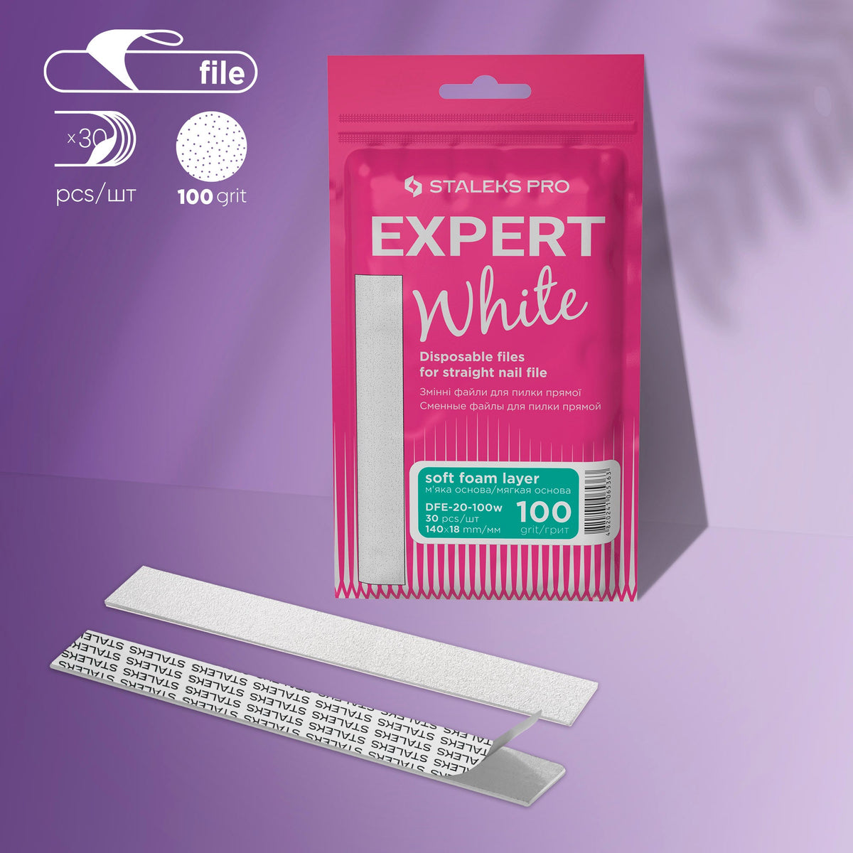 Disposable white files for straight Nagelfeile on a soft foam layer EXPERT 20 100 Körnung (30 Stk.)