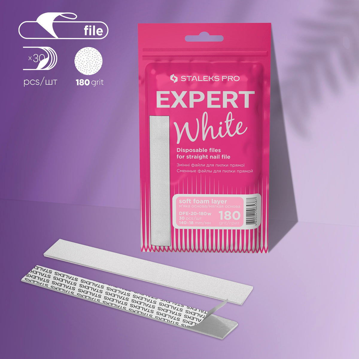 Disposable white files for straight Nagelfeile on a soft foam layer EXPERT 20 180 Körnung (30 Stk.)